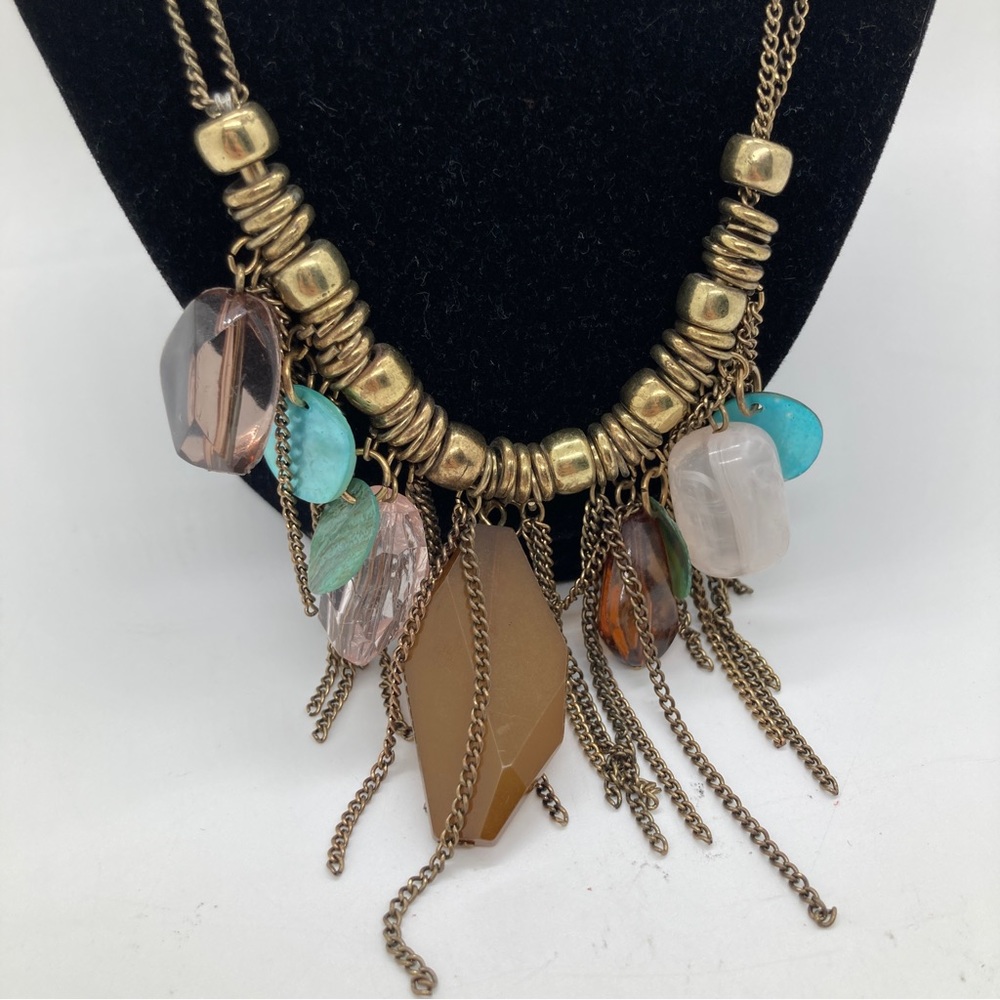 Boho Fringe Necklace Brass Color Faux Crystals - Picture 3 of 5
